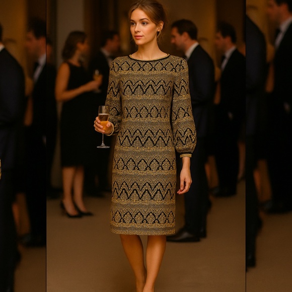 Vintage Dress Knit Bobette Imports France Black Gold Lurex Tricot Long Sleeve 10 - Picture 3 of 9